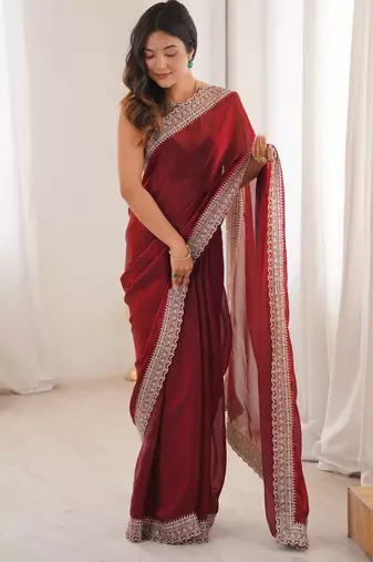 Maroon tissue embridered saree with unstitched blouse piece