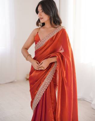 Orange tissue embridered saree with unstitched blouse piece 2