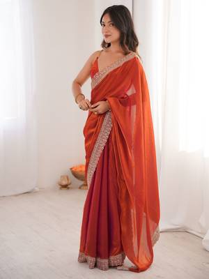 Orange tissue embridered saree with unstitched blouse piece 3