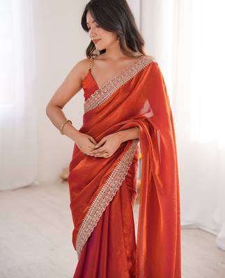 Orange tissue embridered saree with unstitched blouse piece 4