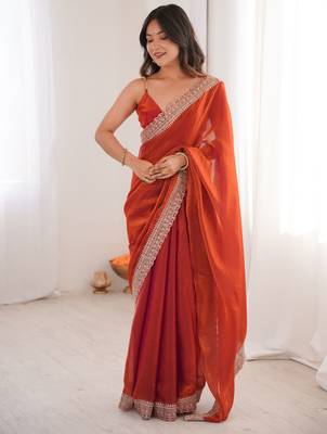 Orange tissue embridered saree with unstitched blouse piece 5