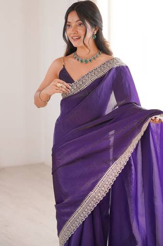 Purple tissue embridered saree with unstitched blouse piece