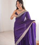Purple tissue embridered saree with unstitched blouse piece