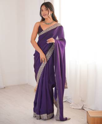 Purple tissue embridered saree with unstitched blouse piece 2