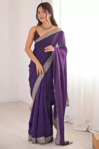 Purple tissue embridered saree with unstitched blouse piece