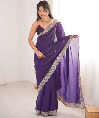 Purple tissue embridered saree with unstitched blouse piece 3