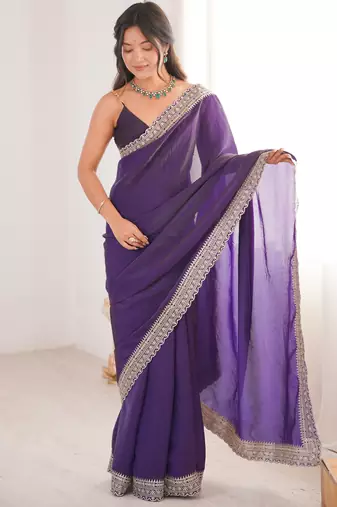 Purple tissue embridered saree with unstitched blouse piece
