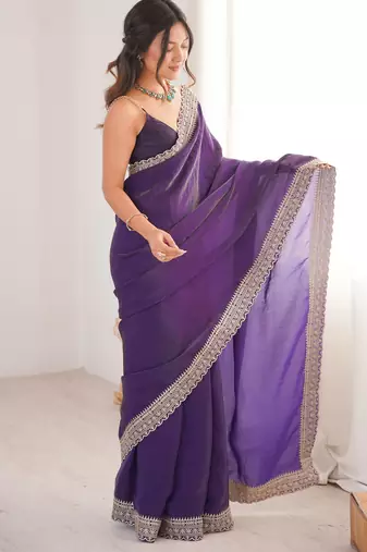Purple tissue embridered saree with unstitched blouse piece