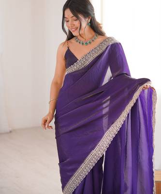 Purple tissue embridered saree with unstitched blouse piece 5