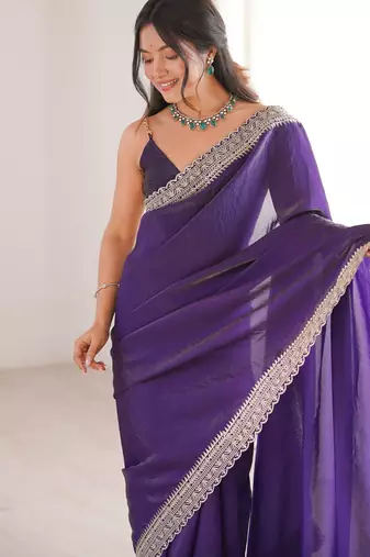 Purple tissue embridered saree with unstitched blouse piece