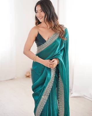 Rama tissue embridered saree with unstitched blouse piece 1