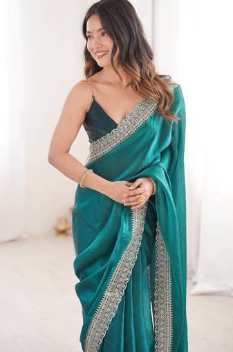 Rama tissue embridered saree with unstitched blouse piece