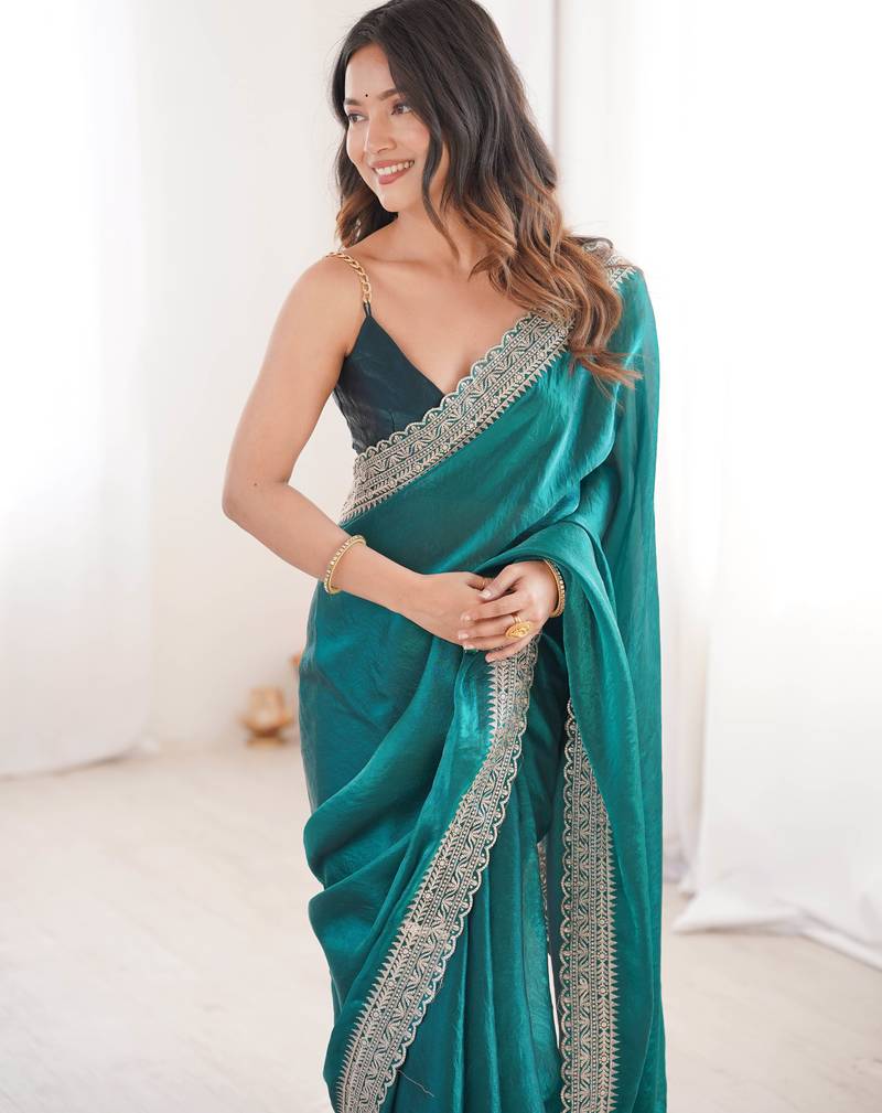 Rama tissue embridered saree with unstitched blouse piece