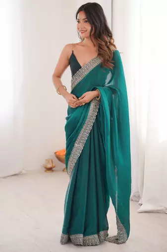 Rama tissue embridered saree with unstitched blouse piece
