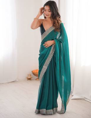 Rama tissue embridered saree with unstitched blouse piece 3