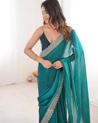 Rama tissue embridered saree with unstitched blouse piece 4