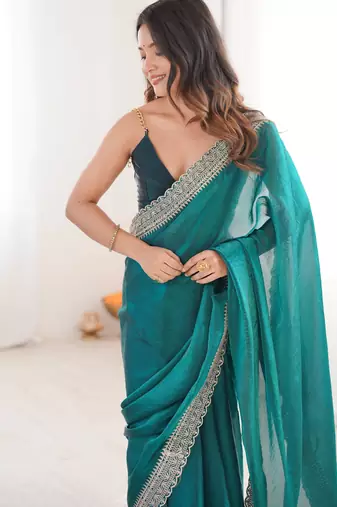 Rama tissue embridered saree with unstitched blouse piece
