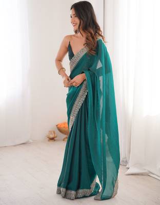 Rama tissue embridered saree with unstitched blouse piece 5