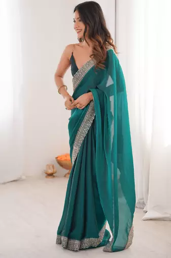 Rama tissue embridered saree with unstitched blouse piece