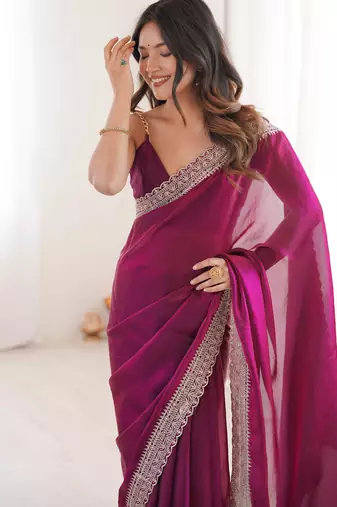 Rani tissue embridered saree with unstitched blouse piece