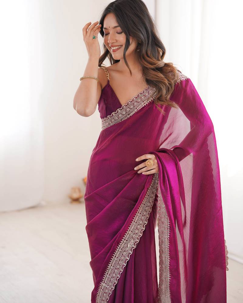 Rani tissue embridered saree with unstitched blouse piece