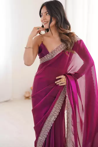 Rani tissue embridered saree with unstitched blouse piece