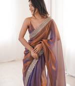 Rust tissue embridered saree with unstitched blouse piece