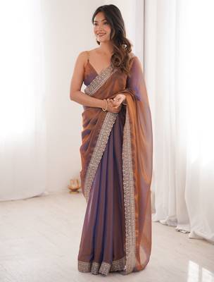 Rust tissue embridered saree with unstitched blouse piece 2