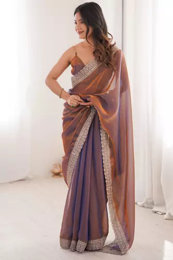 Rust tissue embridered saree with unstitched blouse piece