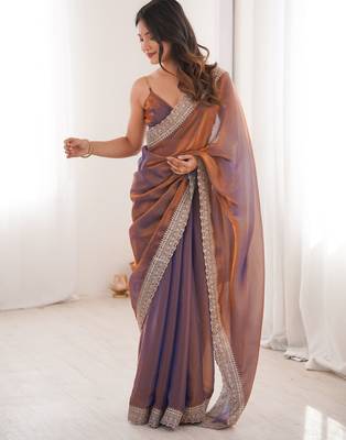 Rust tissue embridered saree with unstitched blouse piece 5