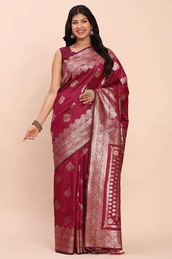 pink banarasi silk blend saree with banatasi silk blend blouse