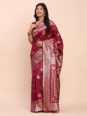 pink banarasi silk blend saree with banatasi silk blend blouse 2