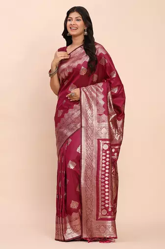 pink banarasi silk blend saree with banatasi silk blend blouse