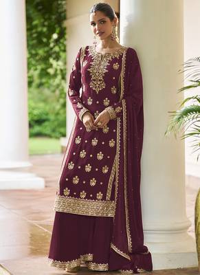 Maroon chinon embroidered designer sharara suit stiched 1