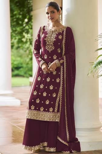 Maroon chinon embroidered designer sharara suit stiched