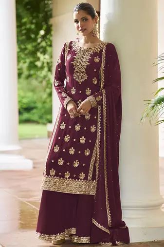 Maroon chinon embroidered designer sharara suit stiched