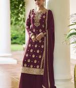 Maroon chinon embroidered designer sharara suit stiched