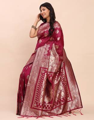 pink banarasi silk blend saree with banatasi silk blend blouse 4