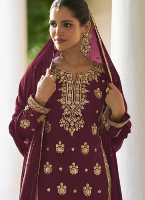 Maroon chinon embroidered designer sharara suit stiched 2