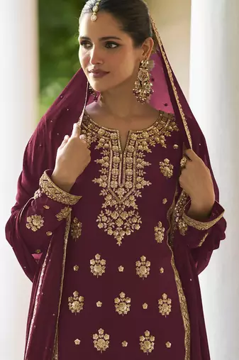 Maroon chinon embroidered designer sharara suit stiched