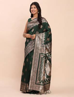 green banarasi silk blend saree with banatasi silk blend blouse 2
