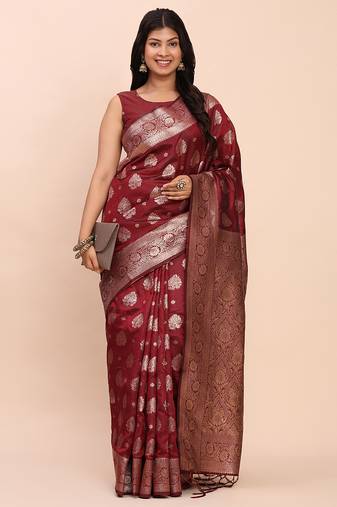 brown banarasi silk blend saree with banatasi silk blend blouse