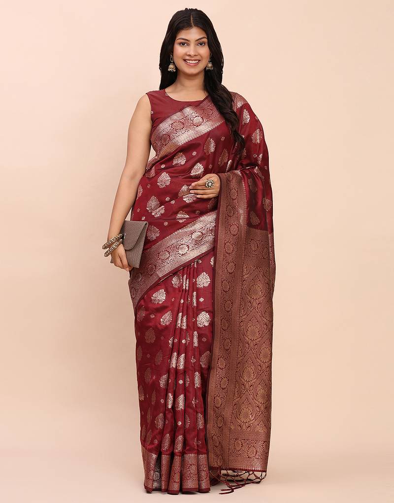 brown banarasi silk blend saree with banatasi silk blend blouse