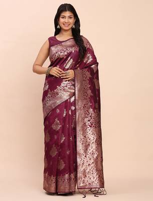 purple banarasi silk blend saree with banatasi silk blend blouse 1