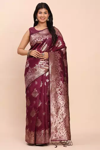 purple banarasi silk blend saree with banatasi silk blend blouse