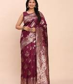 purple banarasi silk blend saree with banatasi silk blend blouse