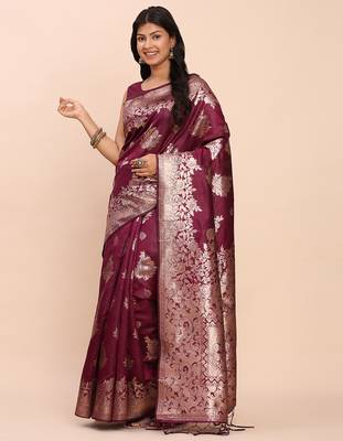 purple banarasi silk blend saree with banatasi silk blend blouse 2