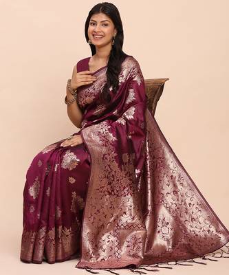 purple banarasi silk blend saree with banatasi silk blend blouse 3