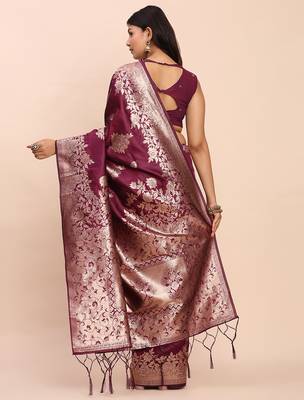 purple banarasi silk blend saree with banatasi silk blend blouse 4