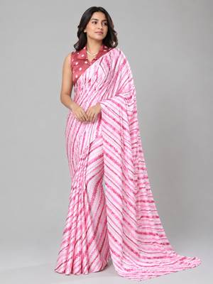 Pink color all over traditional modern leheriya prints work japan satin saree with unstitched blouse 1